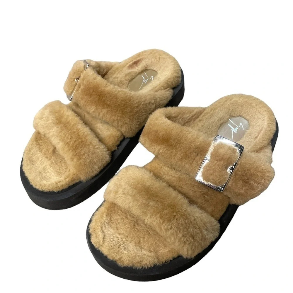 Giuseppe Zanotti Shearling Slides Faux Fur Camel Platform Sandals with buckles - Picture 2 of 12